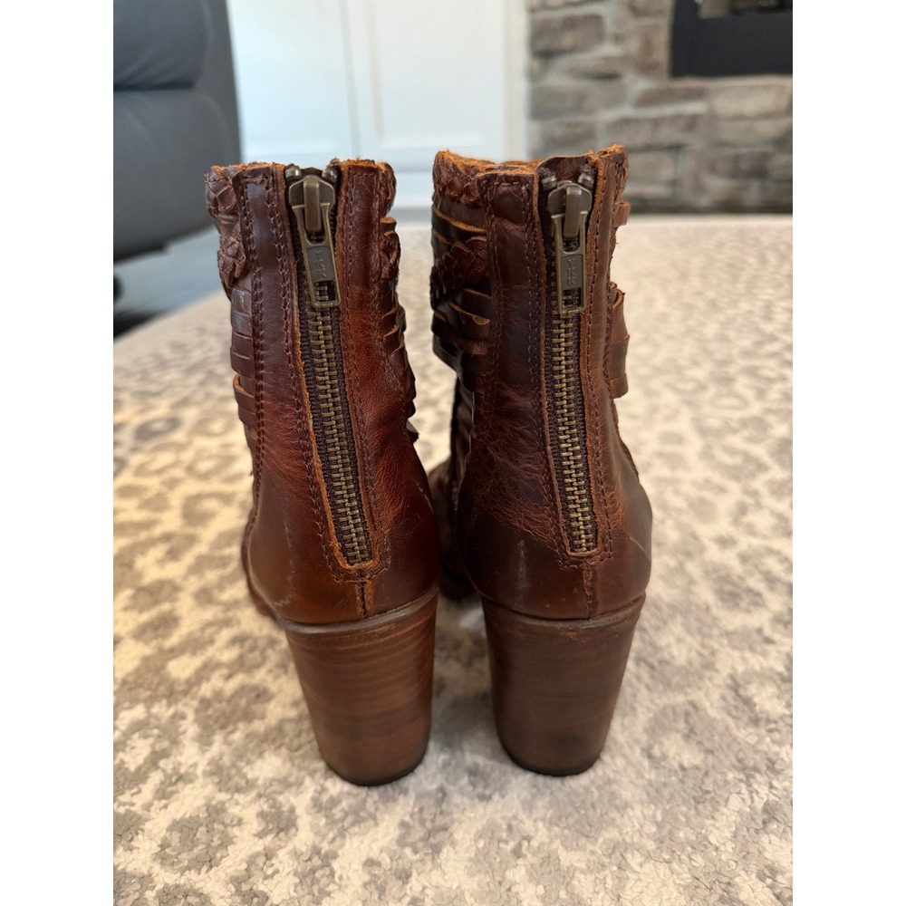 Freebird by Steven Bela Brown Leather Woven Huarache Peep Toe Booties Size 8 - Picture 7 of 10
